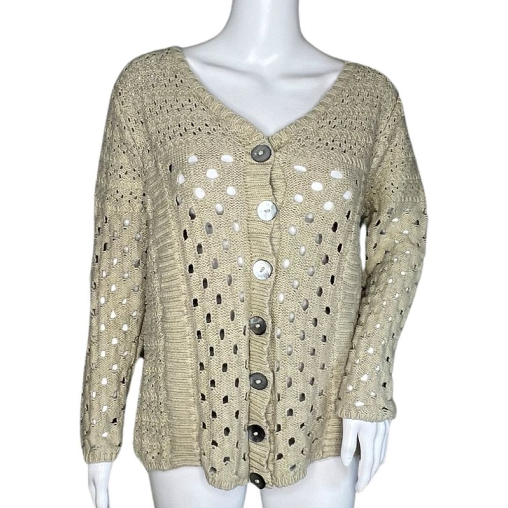 Pure Handknit‎ Sweater Womens Large Tan Cardigan Open Knit Button Front Neutral